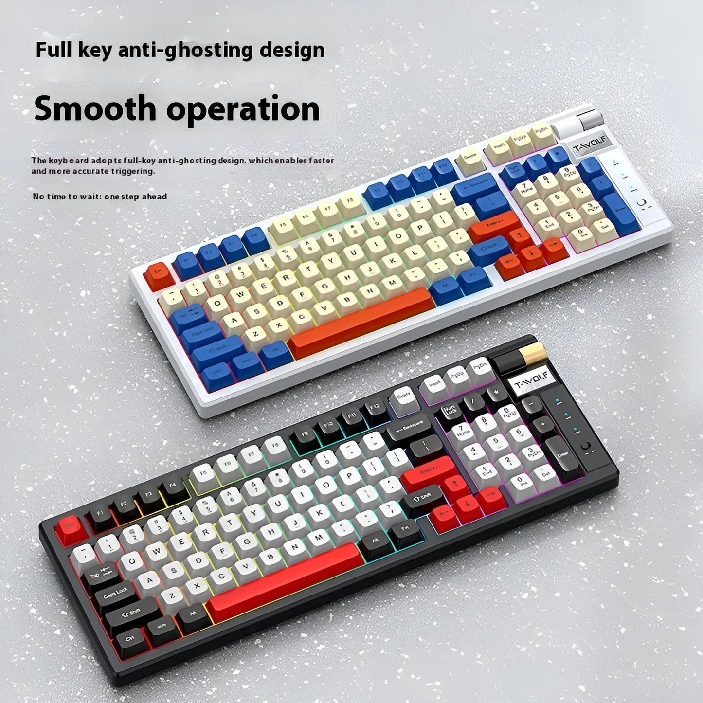 Bluetooth mechanical gaming keyboard with charging cable in blue and orange colour scheme