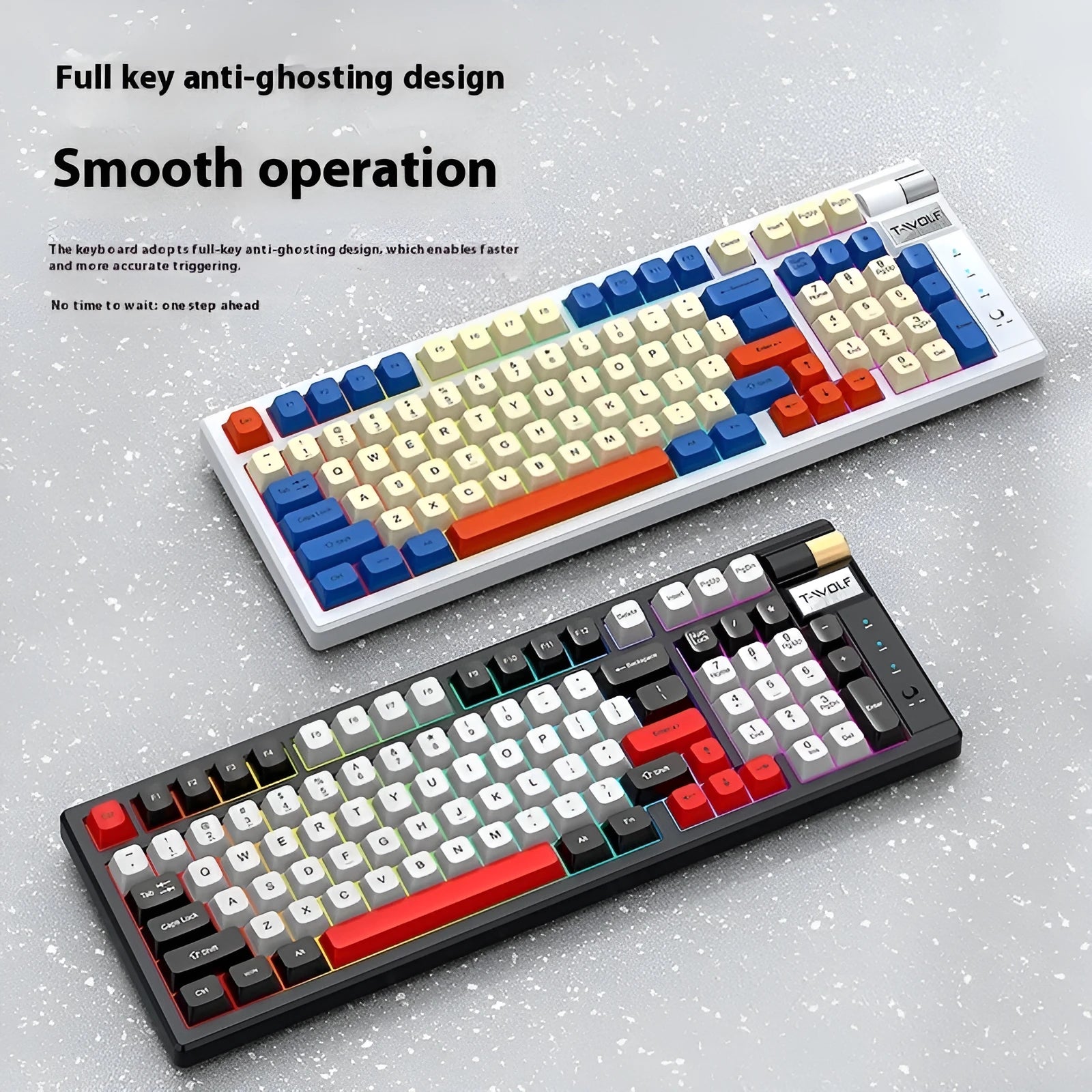 Bluetooth mechanical gaming keyboard with charging cable in blue and orange colour scheme