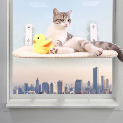 Stainless steel frame cat window hammock with suction cups, shown in grey plush fabric.
