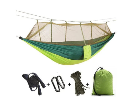 Lightweight and portable parachute hammock with mosquito net for outdoor relaxation