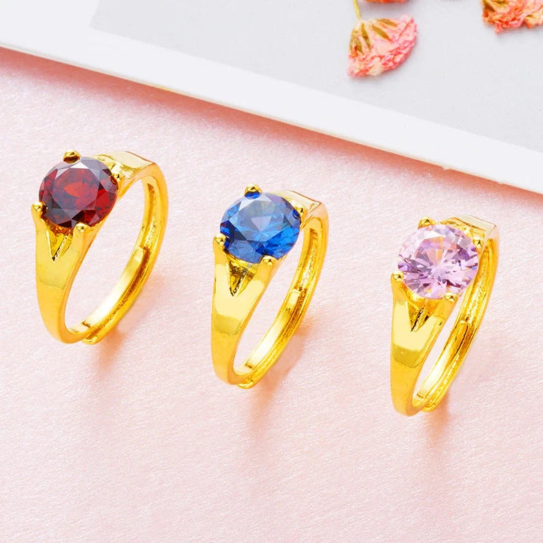 Women's adjustable copper ring with Vietnam placer gold zircon stones in six colour options showing adjustable opening mechanism