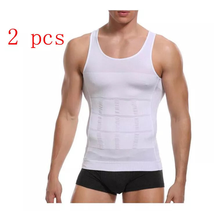Men's body shaping vest in black or white, U-neck design, sizes M to XXL