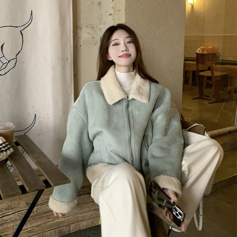 Korean-Style Lamb Wool And Fur Coat In Light Blue Or Khaki, Loose Fit Distressed Chenille Outer Layer With Spandex, Thick Winter Women's Single-Piece Coat In Sizes S-2XL Regular 50cm Length