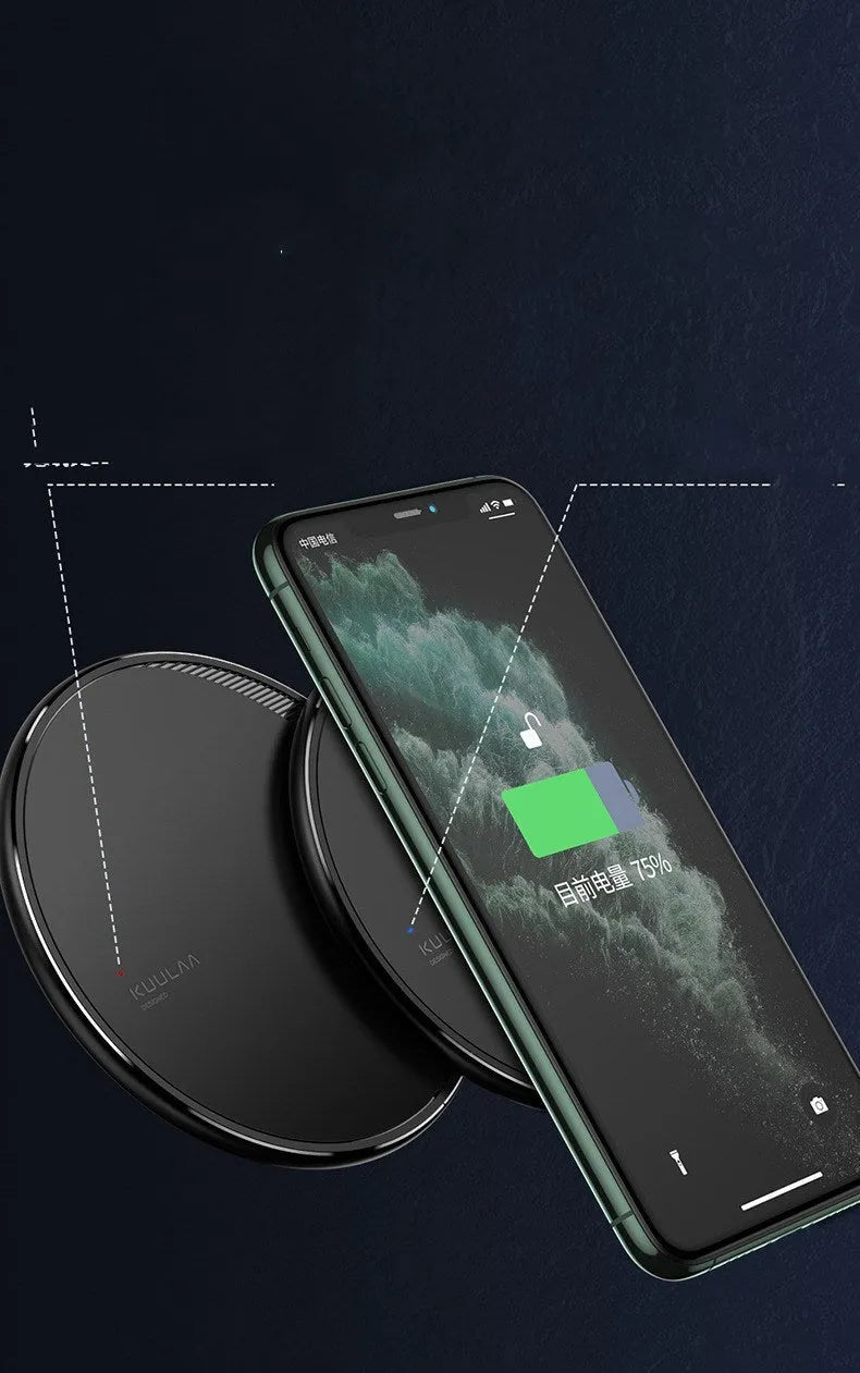 Black Kuulaa KL-CD16 wireless disc charger for mobile phones on a surface.