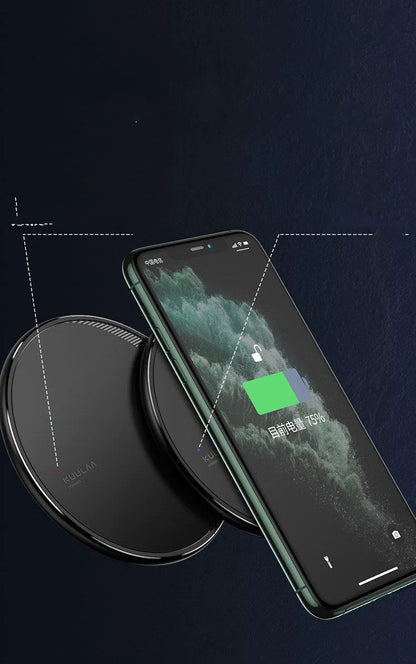 Black Kuulaa KL-CD16 wireless disc charger for mobile phones on a surface.