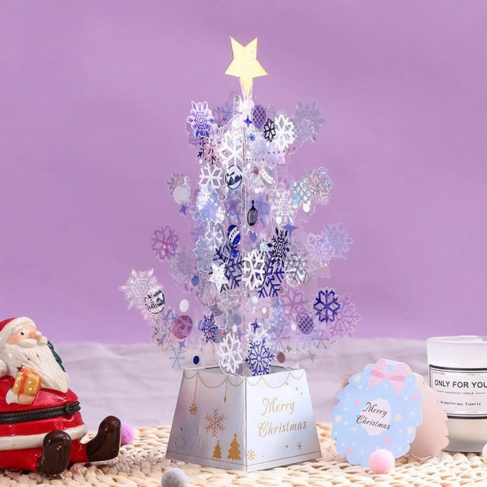 Festive 3D Christmas tree pop-up greeting card with sparkling snowflake sequins and a hidden message compartment