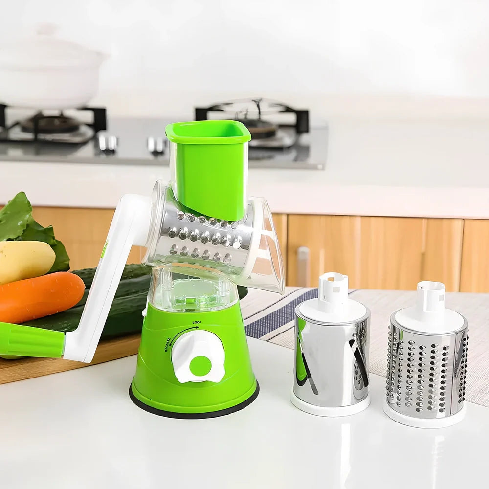Blue hand drum rotary grater with stainless steel blades for cutting vegetables