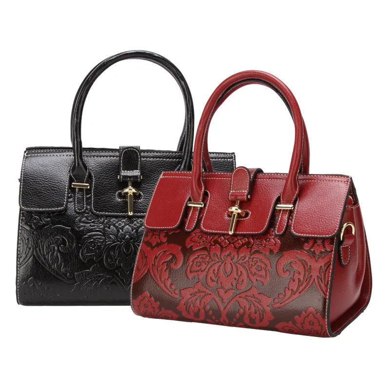 Vintage oval genuine leather women's crossbody bag with embossed sandwich pocket design