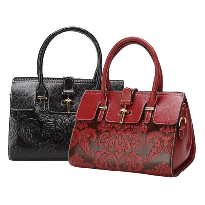 Vintage oval genuine leather women's crossbody bag with embossed sandwich pocket design
