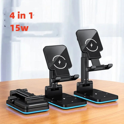 Black desktop wireless charging stand holding mobile phone at angle with power cord connected