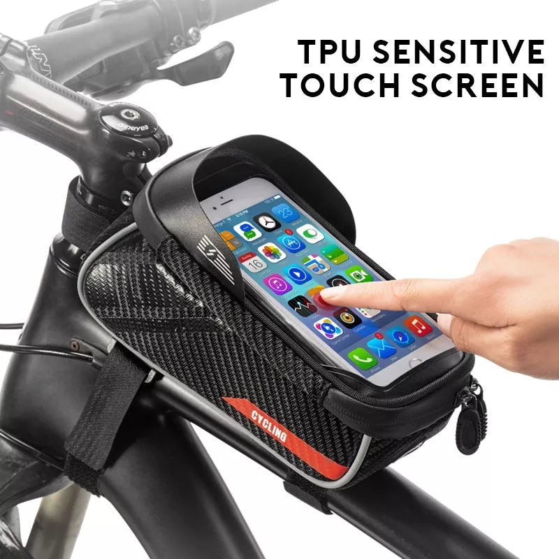 Waterproof mountain bike bag with touch screen access and sun visor