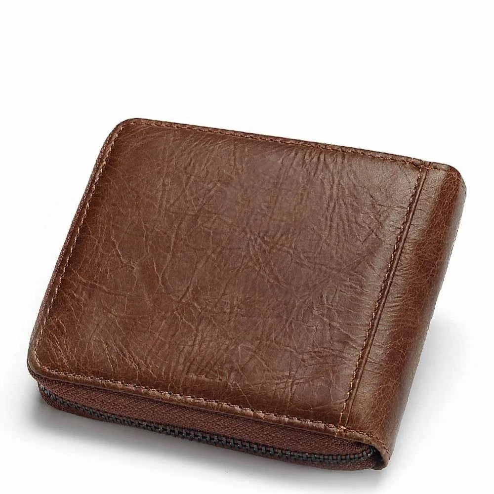 Men's coffee-colour genuine leather wallet with vintage locomotives pattern and multiple internal compartments