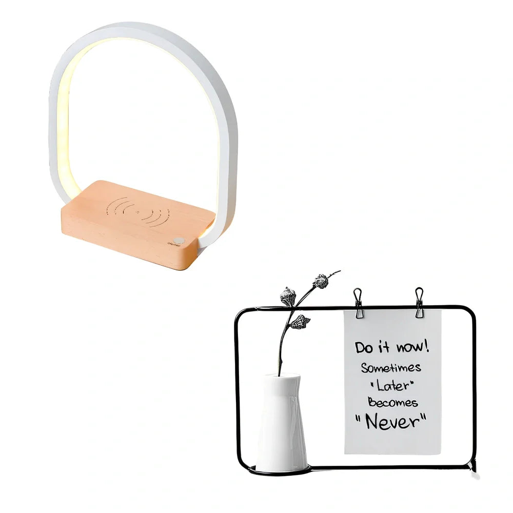 White wireless charging table lamp with metal shade and button switch on wooden surface