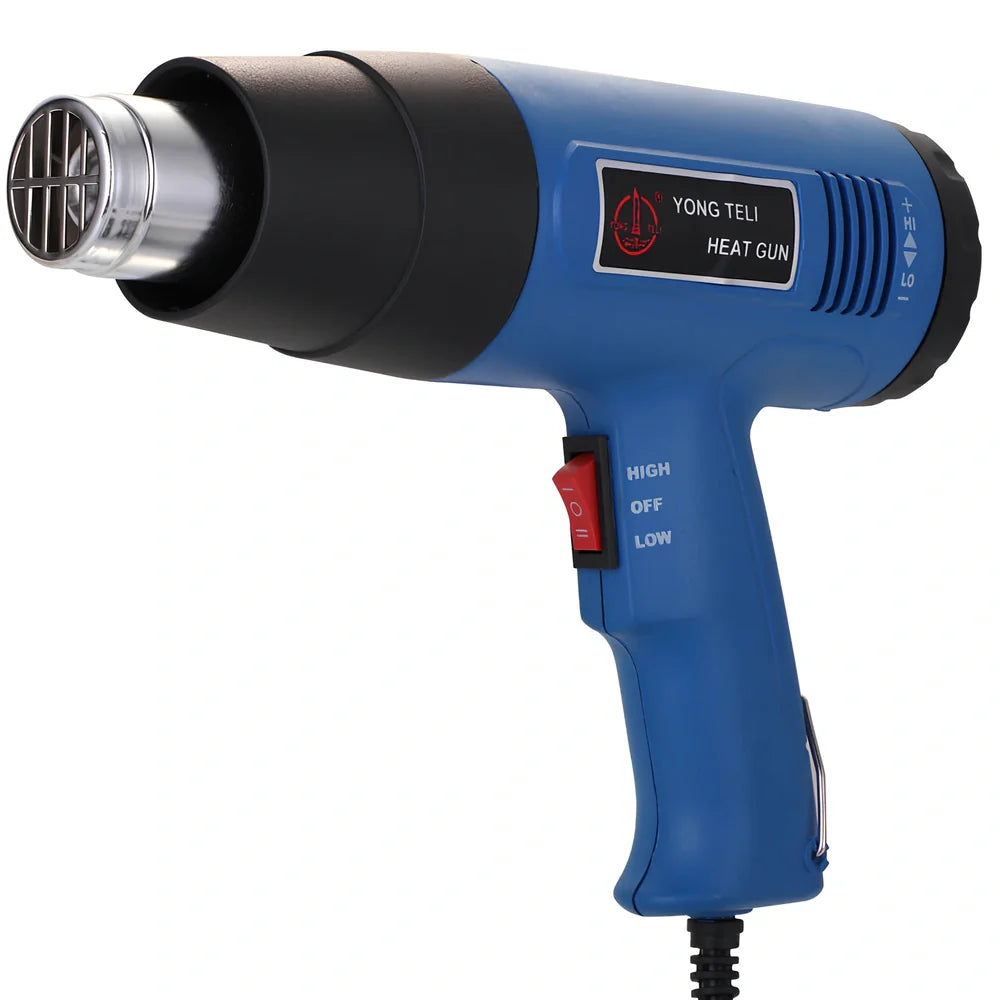 Industrial heat gun with temperature dial showing 300-500°C range, measuring 260mm long with gun mouth attachment