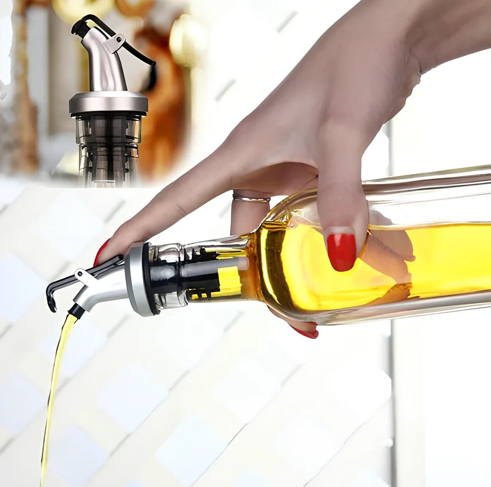 Silver and black flip-top bottle spout for olive oil and spirits pouring