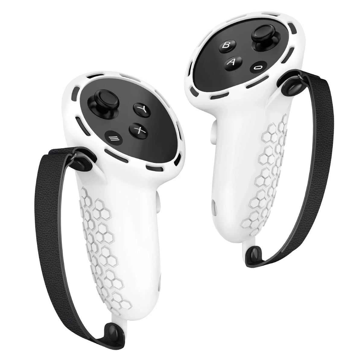 Meta Quest 3 VR controller with black silicone protective sleeve and wrist strap attached