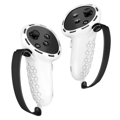 Meta Quest 3 VR controller with black silicone protective sleeve and wrist strap attached