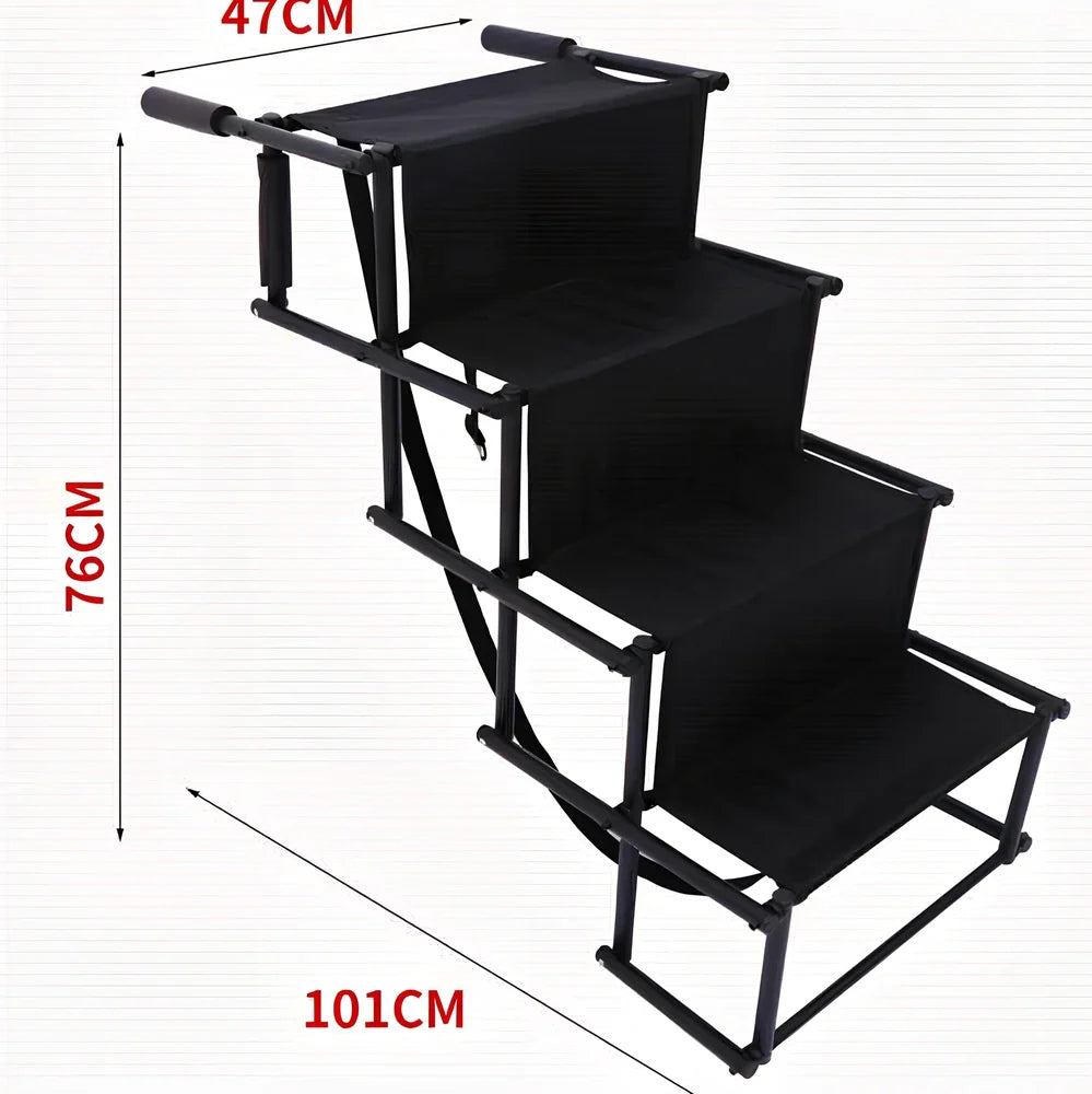 Black folding pet car steps with steel frame and Oxford cloth steps, folded to 101x76x45cm