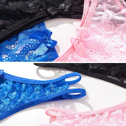 Women's lace thong panties with open crotch design in various colors