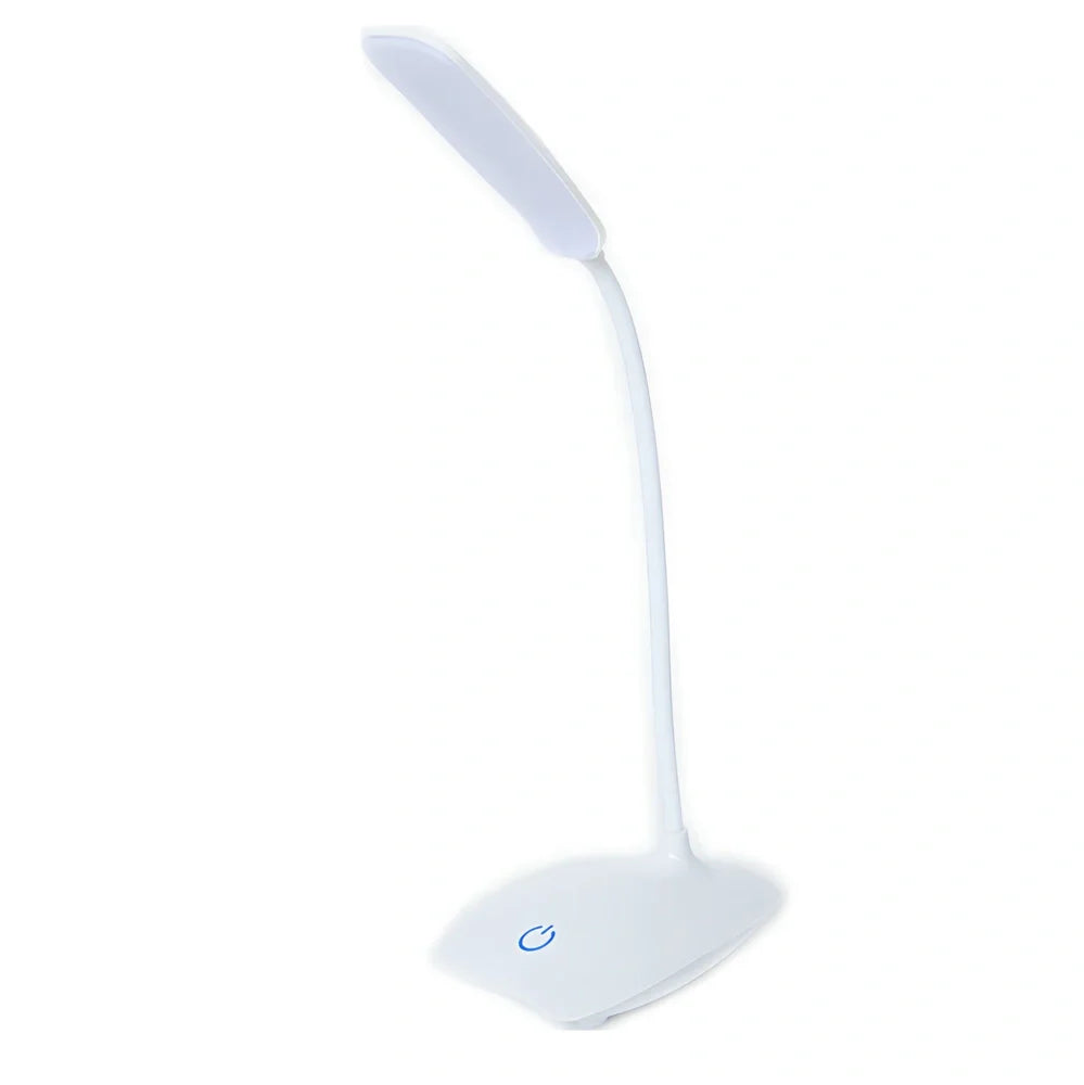 White foldable LED desk lamp with touch button and USB charging port on a desk