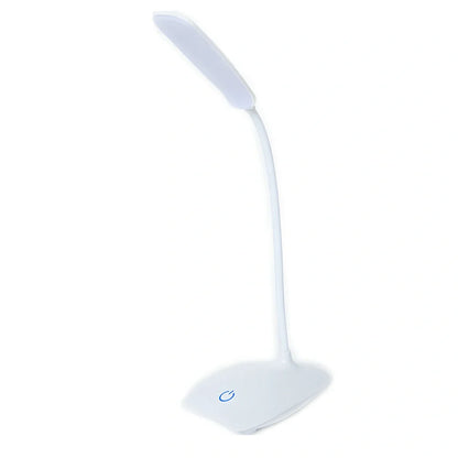 White foldable LED desk lamp with touch button and USB charging port on a desk