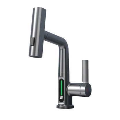 Modern digital display kitchen tap with pull-out spray hose showing LED temperature screen.