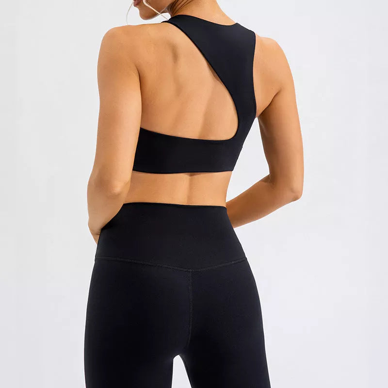High waist running and yoga tight set in Lycra fabric, available in off-white, black, and dark brown