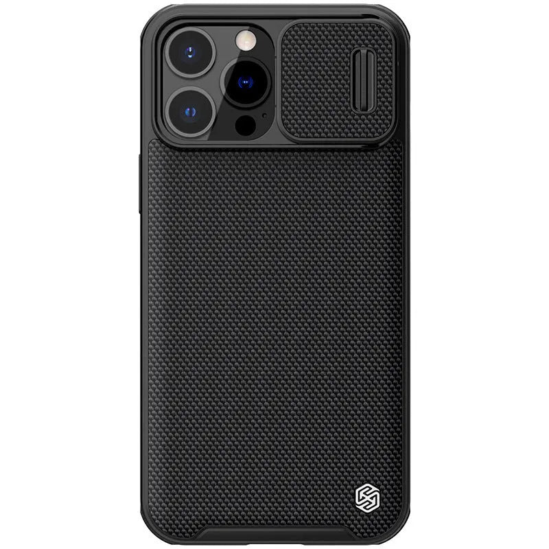 Black textured iPhone 13 Pro Max protective case with PC shell and TPU edge sliding cover