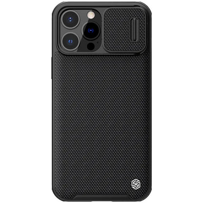 Black textured iPhone 13 Pro Max protective case with PC shell and TPU edge sliding cover