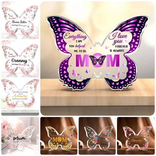 Butterfly-shaped acrylic keepsake with purple wing patterns and personalized message