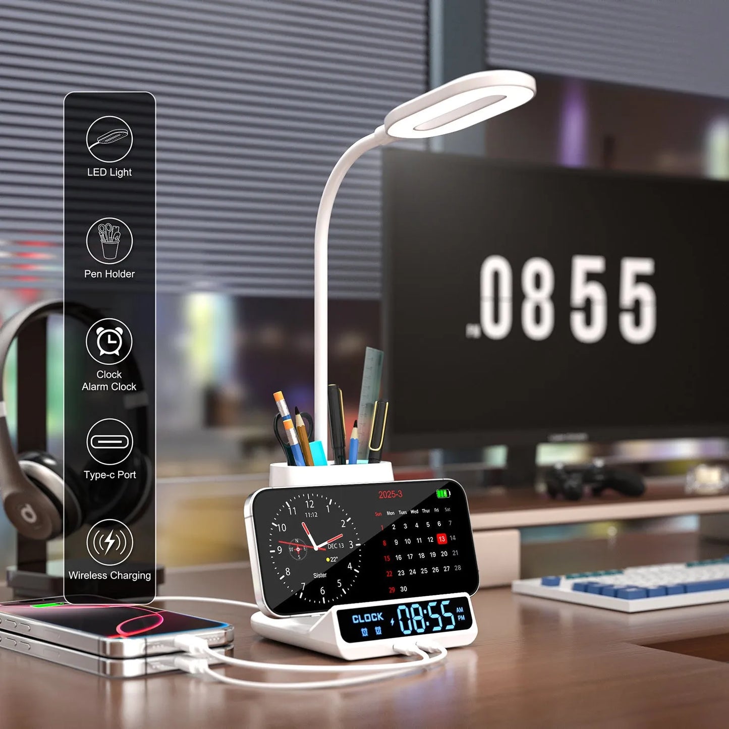 Black wireless charging desk lamp with pen holder, storage box, and USB port on modern desk