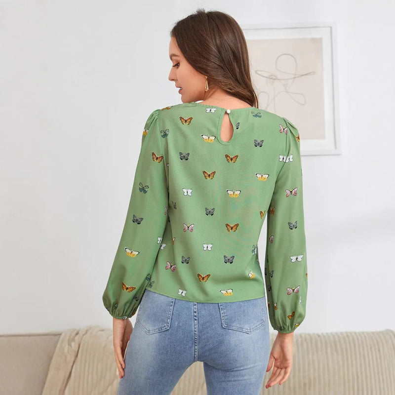 Women's long-sleeved shirt with colourful butterfly print, loose fit casual blouse in polyester, available in green or orange colours across S to XXL sizes