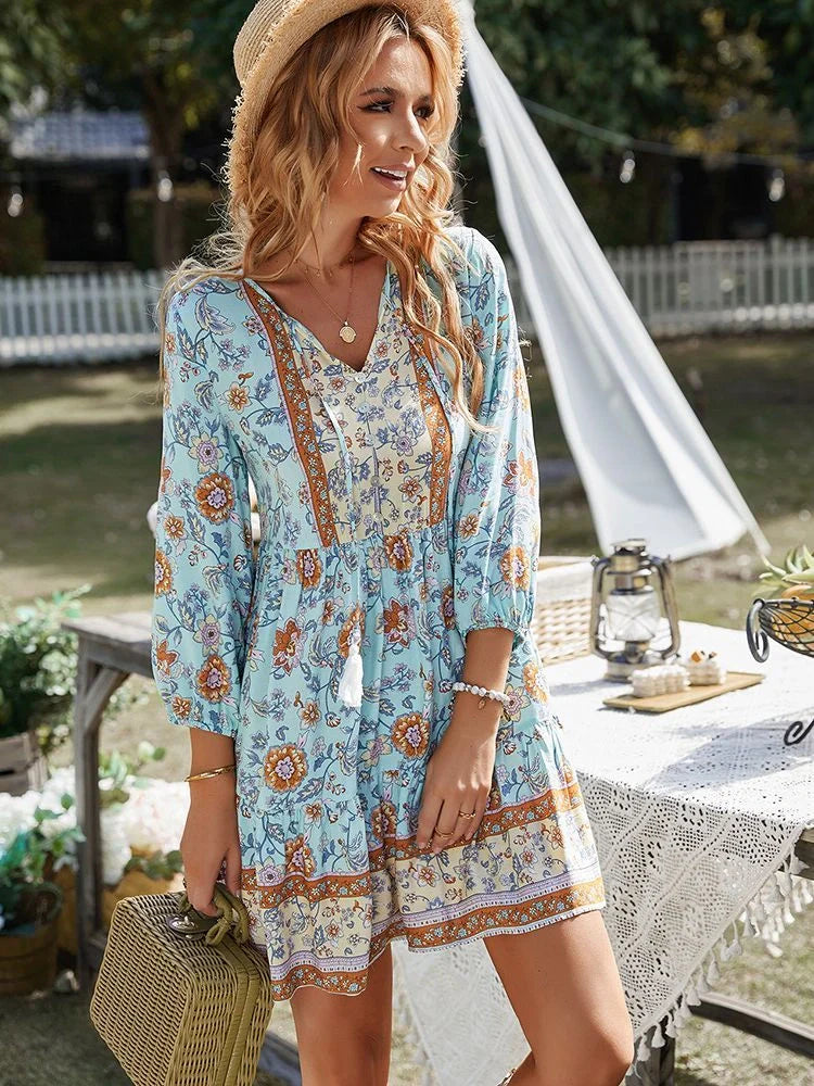 Boho print button V-neck long sleeve fringe dress in vibrant colors