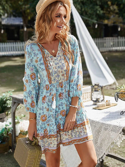 Boho print button V-neck long sleeve fringe dress in vibrant colors