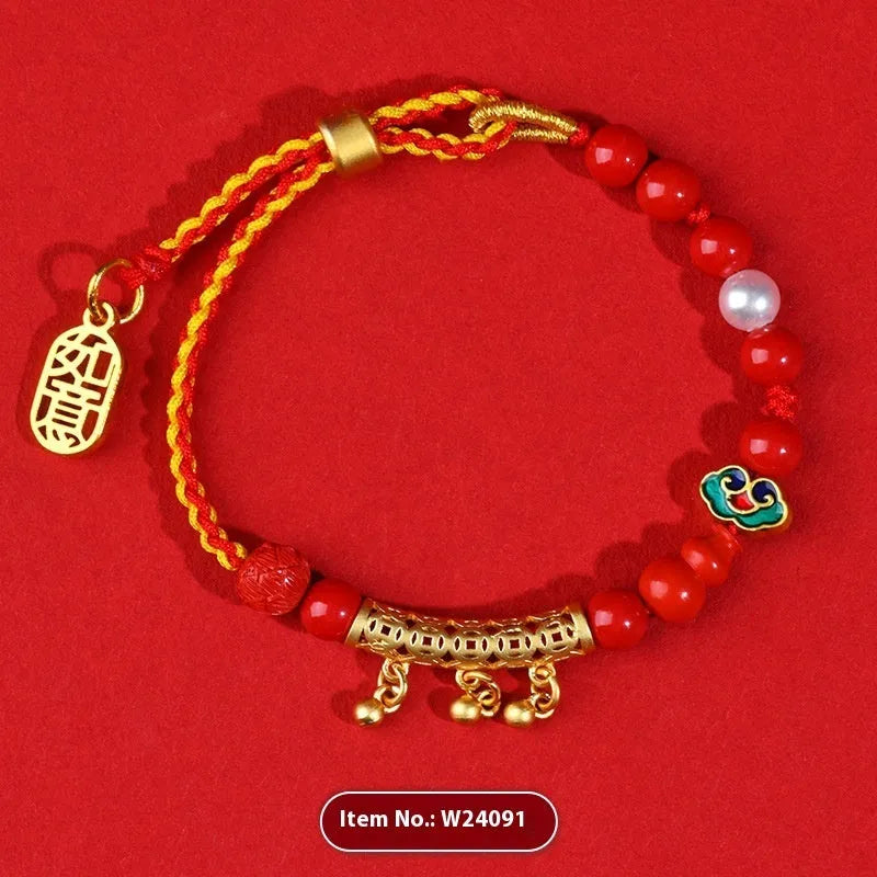Women's red cinnabar hand-woven rope bracelet with geometric design and bell charm