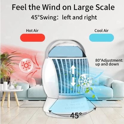 White USB desktop fog fan with water tank showing 45-degree swing function and manual adjustment controls