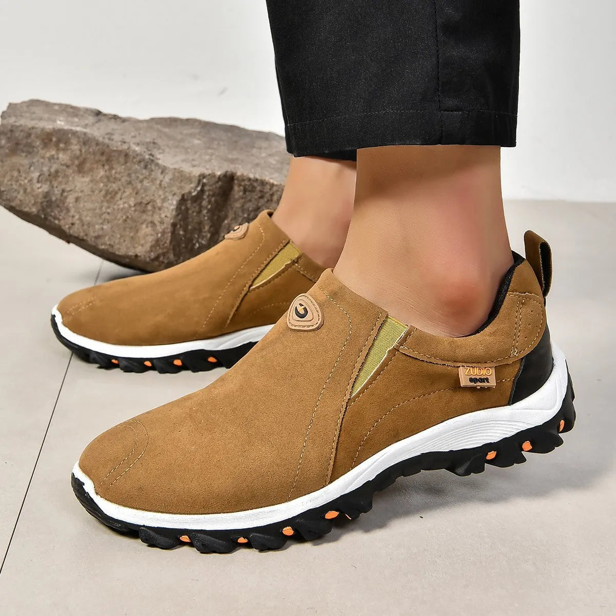 Men's round head shallow mouth thin slip-on shoes in black, blue, gray, green, and light brown on a white background.