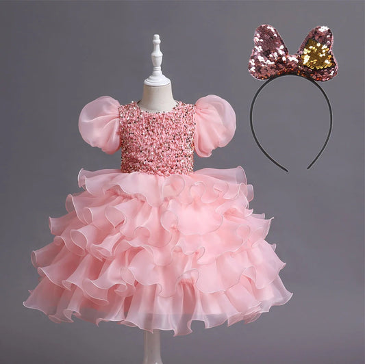 Blue sequin tutu dress with matching headband for girls birthday party, sizes 100-150cm