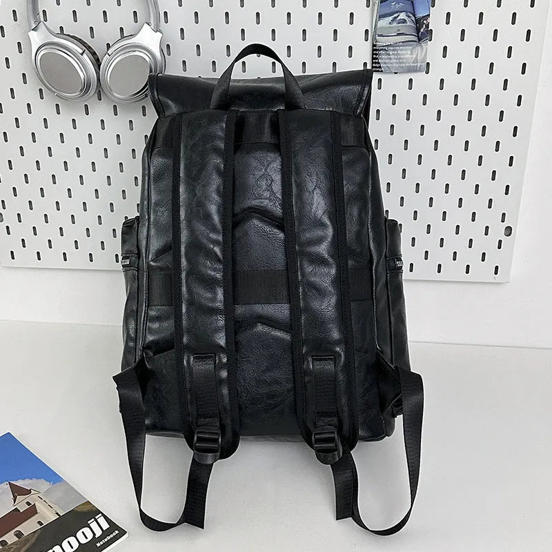 Large capacity PU travel backpack in black or brown with waterproof function and curved shoulder strap