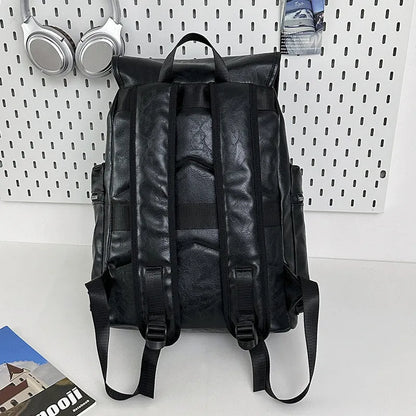Large capacity PU travel backpack in black or brown with waterproof function and curved shoulder strap