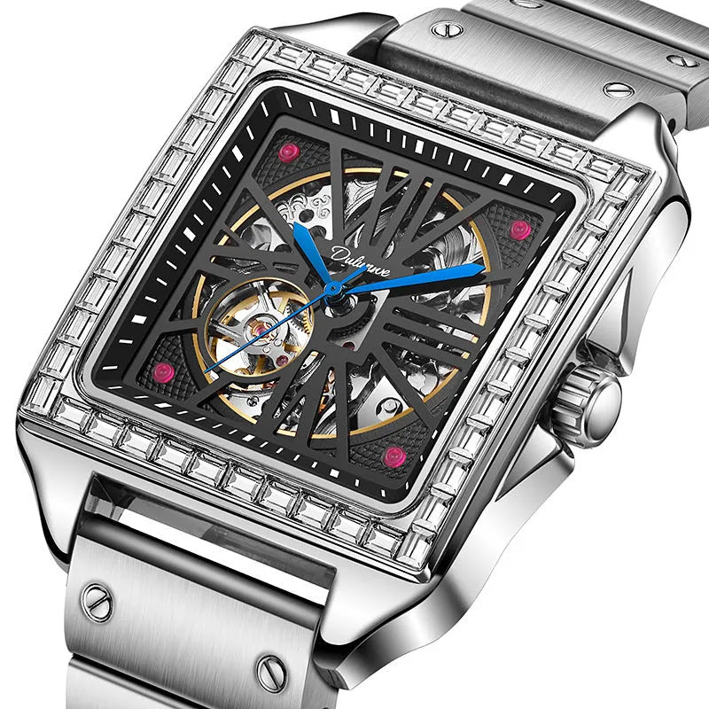 Square automatic watch with diamond-studded design on 6066A stainless steel belt for men's business wear