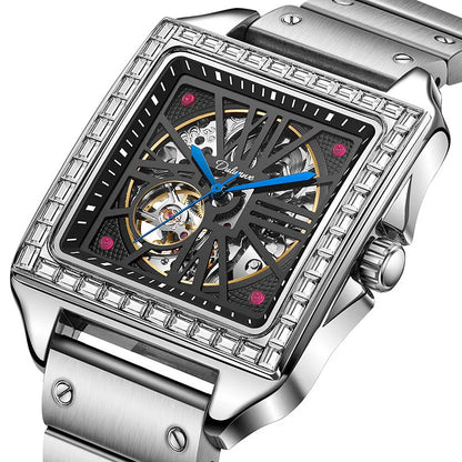 Square automatic watch with diamond-studded design on 6066A stainless steel belt for men's business wear