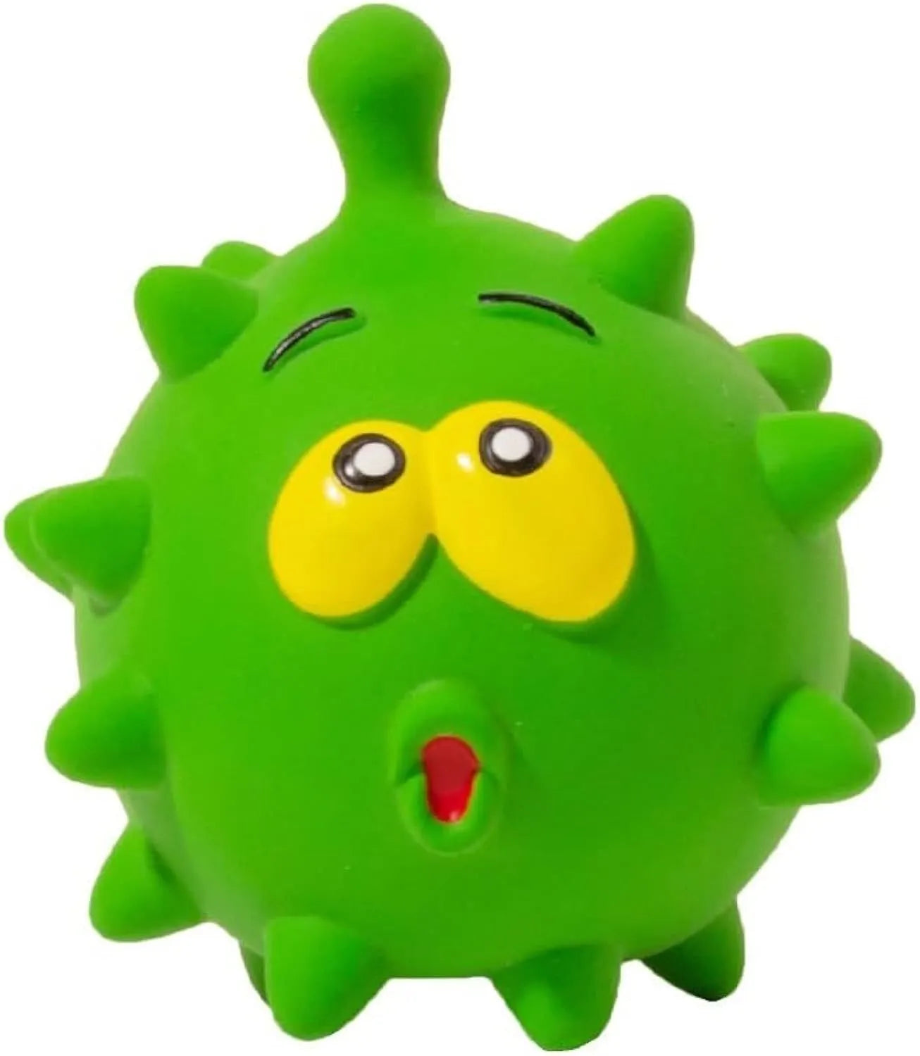 Four coloured natural latex dog balls with textured surfaces and cute faces, each measuring 7.5cm in diameter