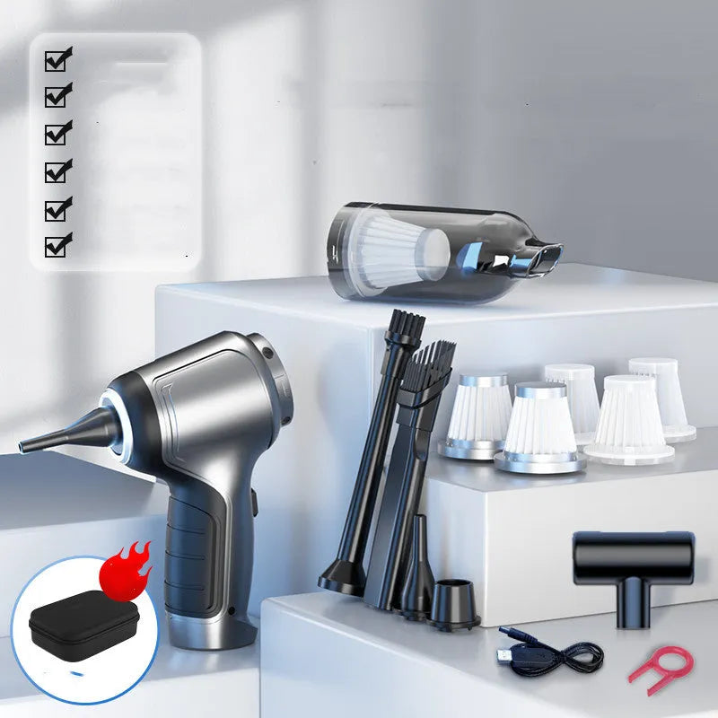 Brushless handheld and vertical car vacuum cleaner with 12000Pa suction, shown with optional EVA storage bag.
