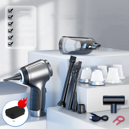 Brushless handheld and vertical car vacuum cleaner with 12000Pa suction, shown with optional EVA storage bag.