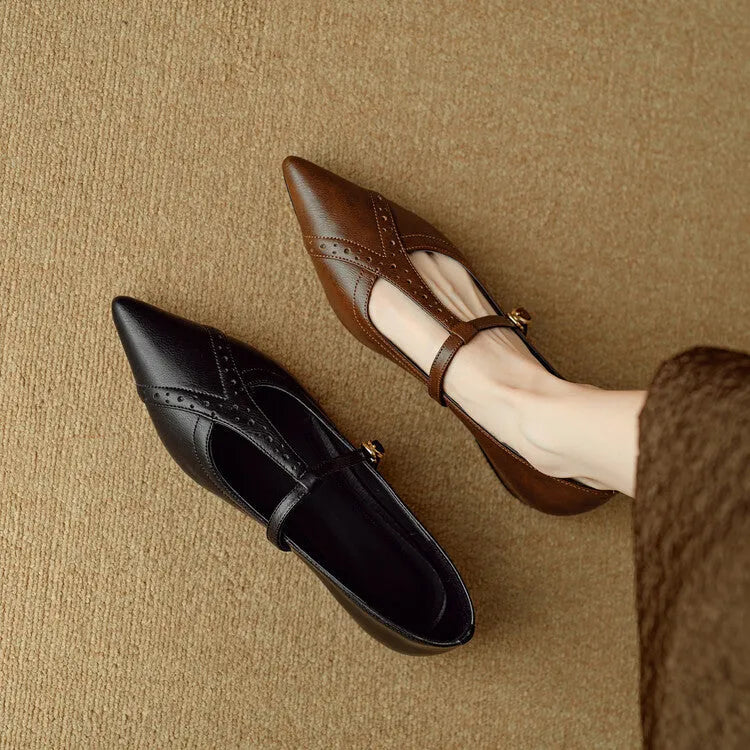 Brown pointed toe low-cut flat shoes for women with a soft sole and mid heel.