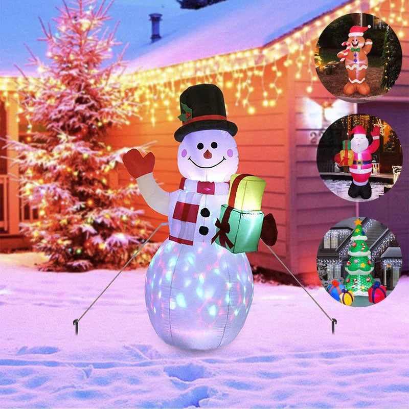 Glow-in-the-dark Christmas inflatable decorations featuring a Santa, snowman, and Christmas tree