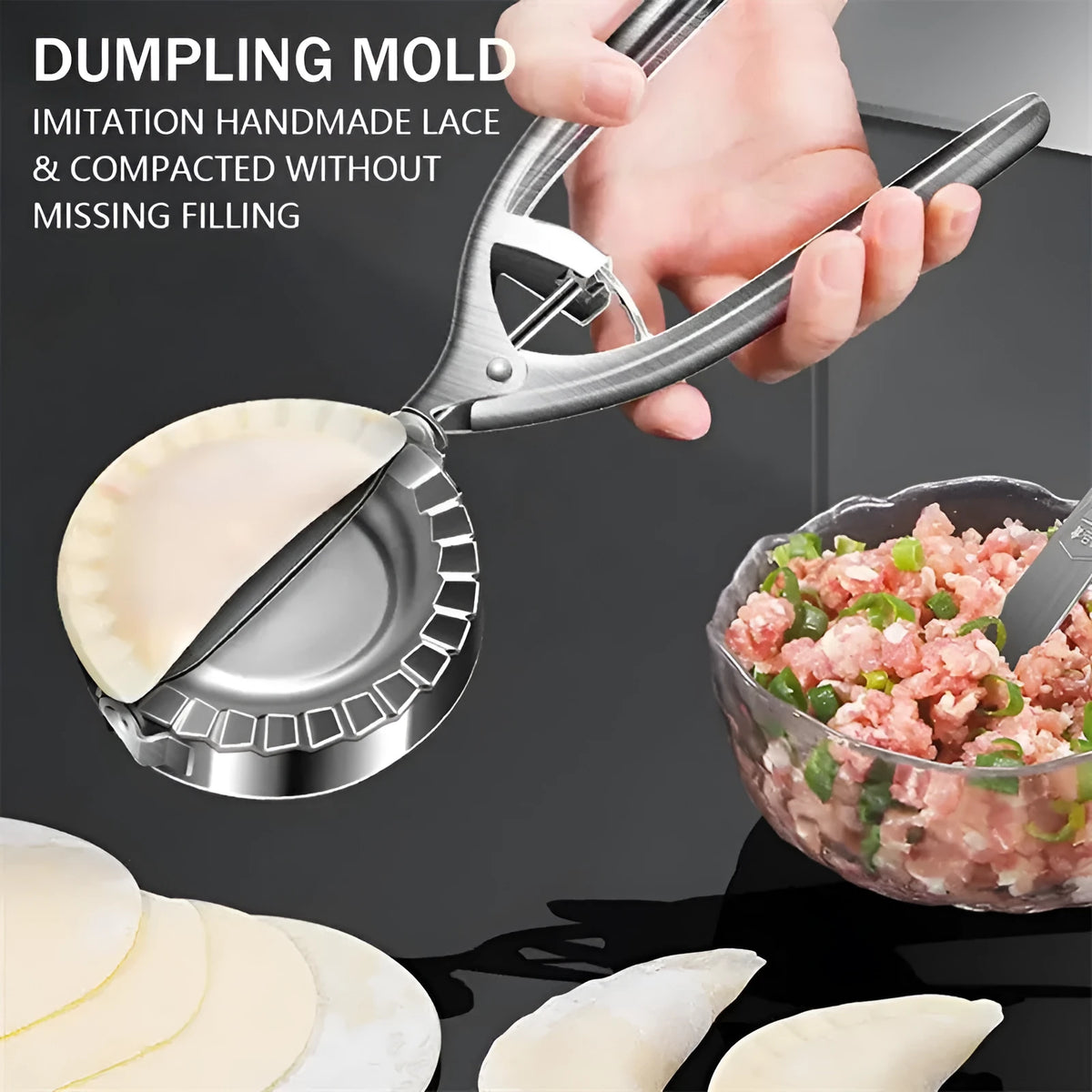 Silver stainless steel manual dumpling mould for making compact sealed dumplings