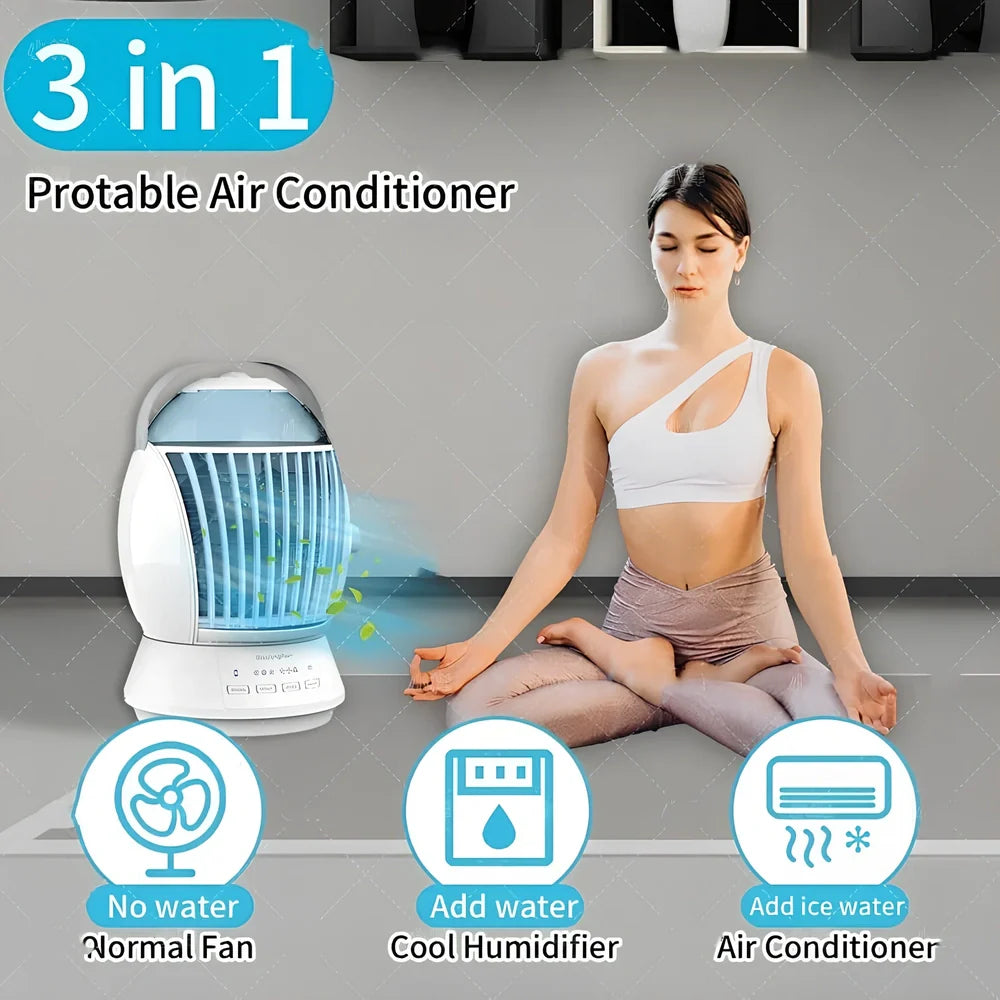 White USB desktop fog fan with water tank showing 45-degree swing function and manual adjustment controls