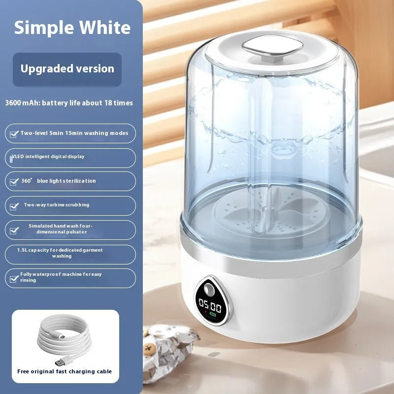 Portable white mini washing machine with USB cable showing 13.5cm width and compact design